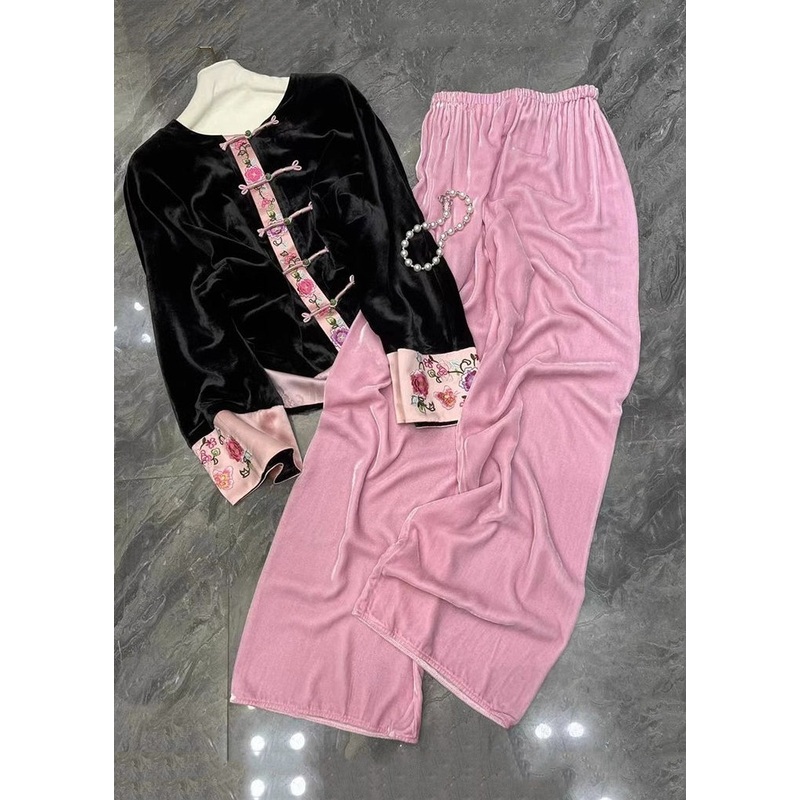 Chinese Style Black Tops And Pink Pants Silk Velour Two Pieces Set Fall