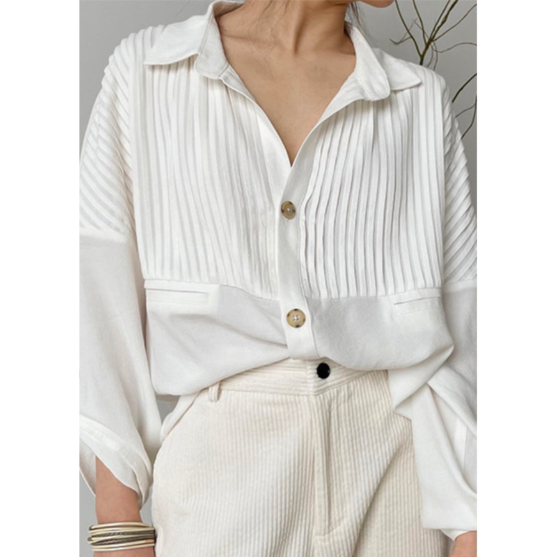Classy White Wrinkled Button Patchwork Cotton Blouses Fall