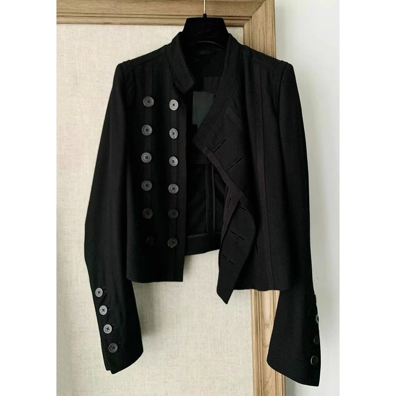 Elegant Black Button Patchwork Cotton Coat Long Sleeve