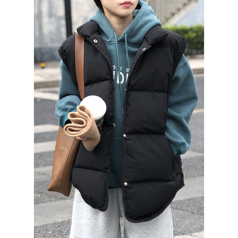 Elegant Black Pockets Button Patchwork Winter Warm Sleeveless Puffer Vest