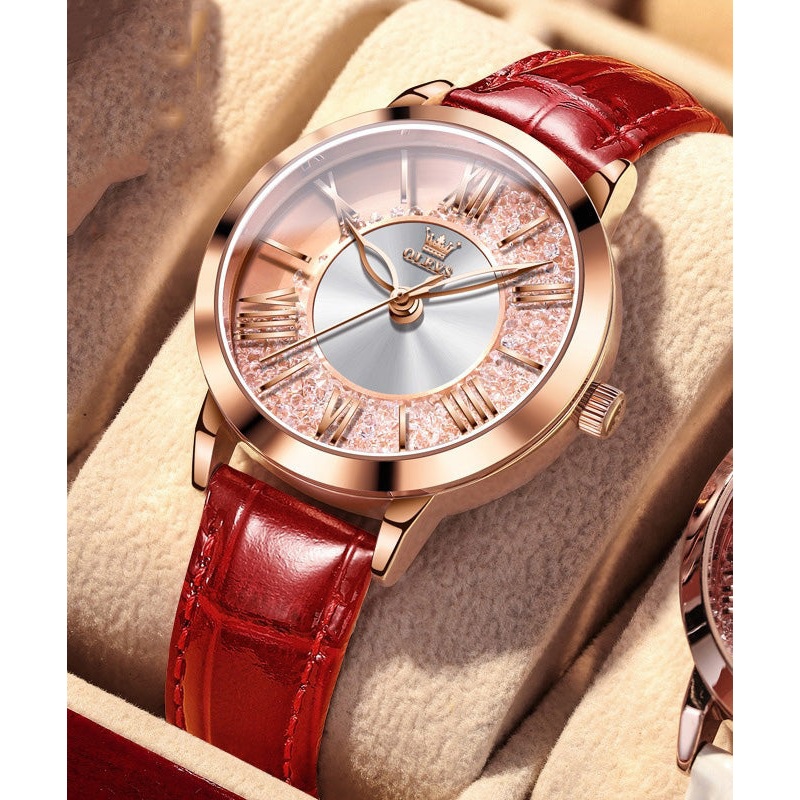 Fashion Red Leather Overgild Zircon Quartz Movement Waterproof Leather Watch