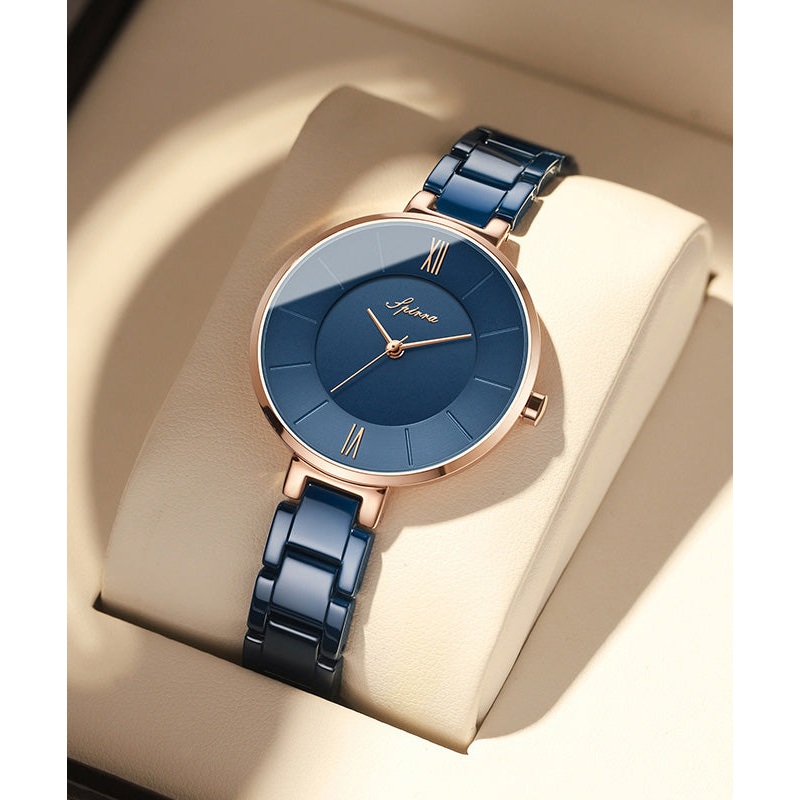 Fine Blue Stainless Steel Ceramics Tempered Glass Watch