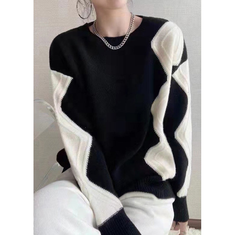 French Black O Neck Patchwork Cozy Cotton Knit Sweaters Fall