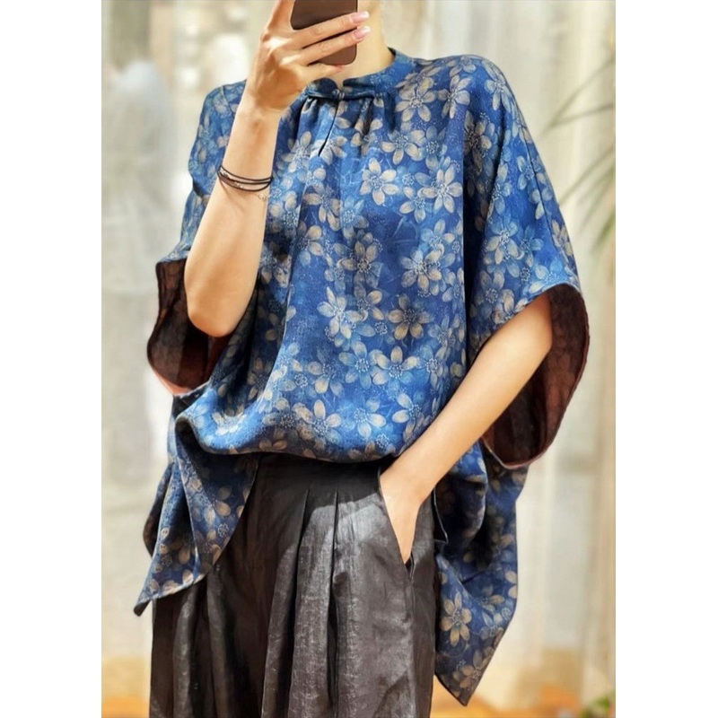 French Blue Stand Collar Print Patchwork Silk T Shirt Half Sleeve