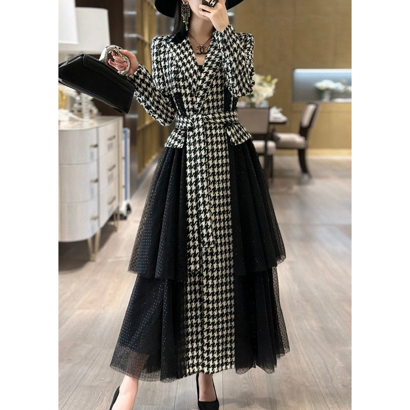 French Plaid Tie Waist Tulle Patchwork Long Trench Coat Fall