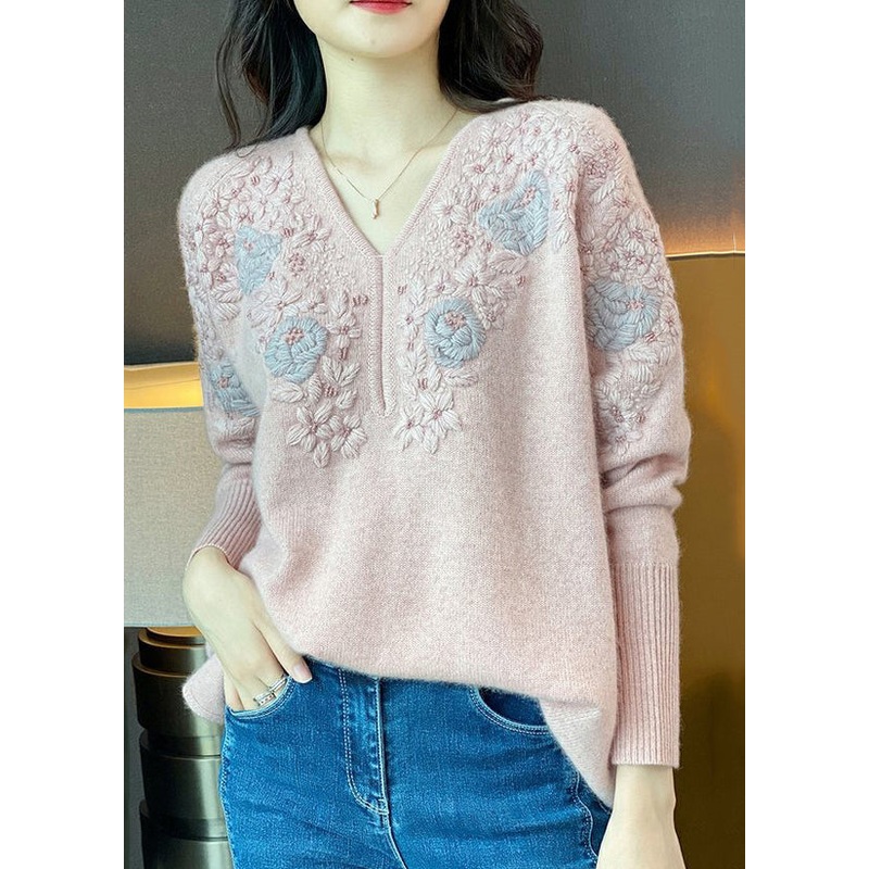 French V Neck Embroidered Patchwork Cotton Knit Sweaters Fall