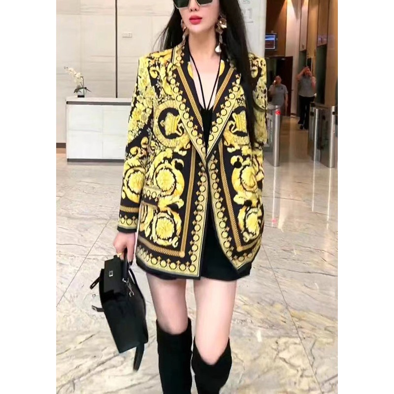 French Yellow Peter Pan Collar Print Patchwork Cotton Coats Fall