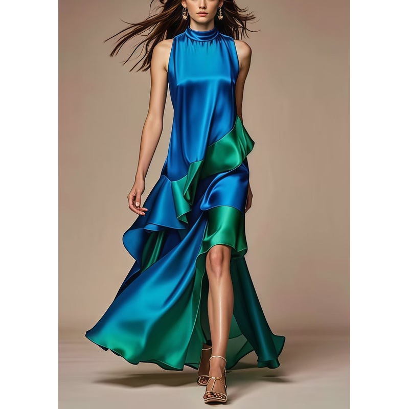 Italian Royal Blue Asymmetrical Patchwork Silk Dress