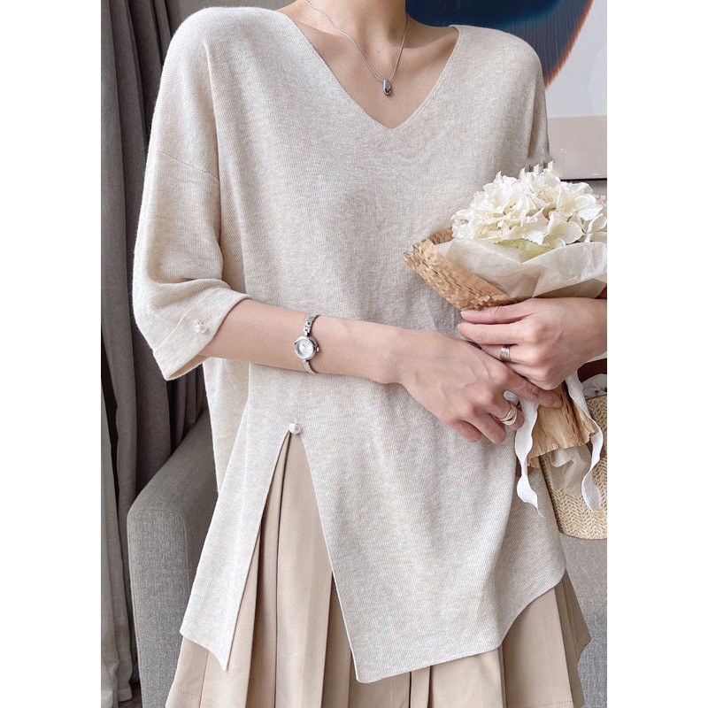 Loose Apricot V Neck Side Open Patchwork Cotton Knit Top Half Sleeve