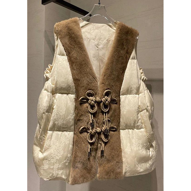 Loose Beige Button Mink Hair Patchwork Duck Down Waistcoat Sleeveless