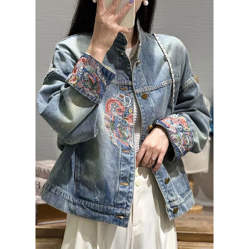 Loose Blue Embroideried Button Patchwork Denim Coat Fall