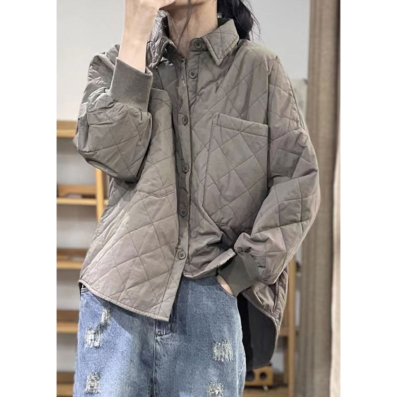 Loose Grey Peter Pan Collar Button Patchwork Thin Blouses Parka Fall