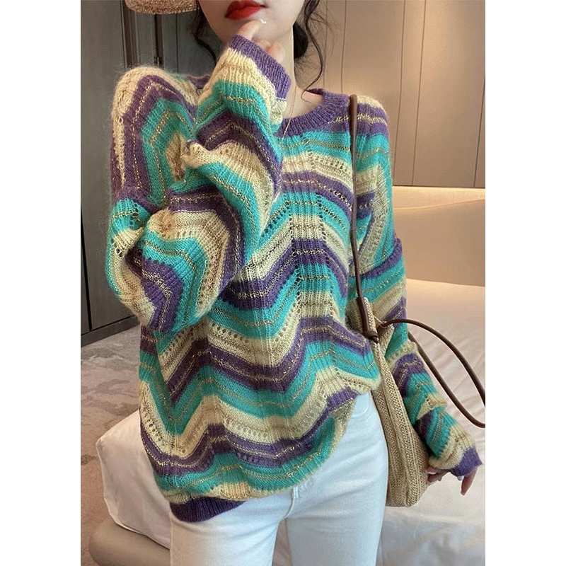 Loose Purple Striped O Neck Hollow Out Patchwork Knit Sweaters Fall