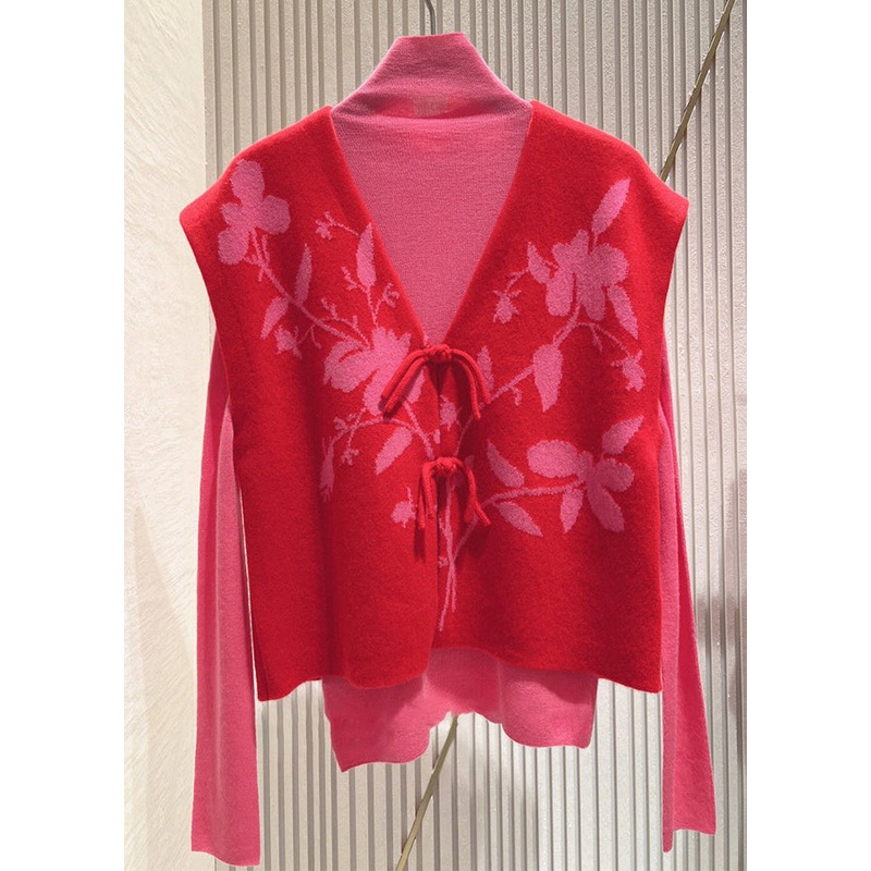 Loose Red Button Patchwork Tops And Waistcoat Knit Two Pieces Set Fall