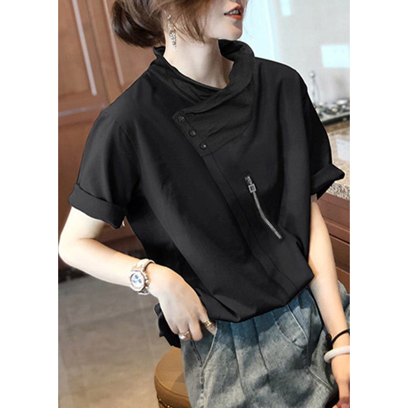 New Black Zippered Patchwork Cotton T Shirt Tops Summer