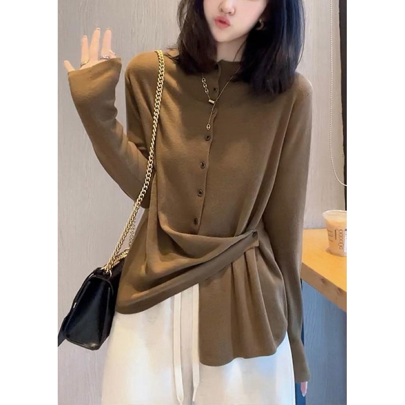 New Brown O Neck Button Patchwork Cotton Knit Top Fall