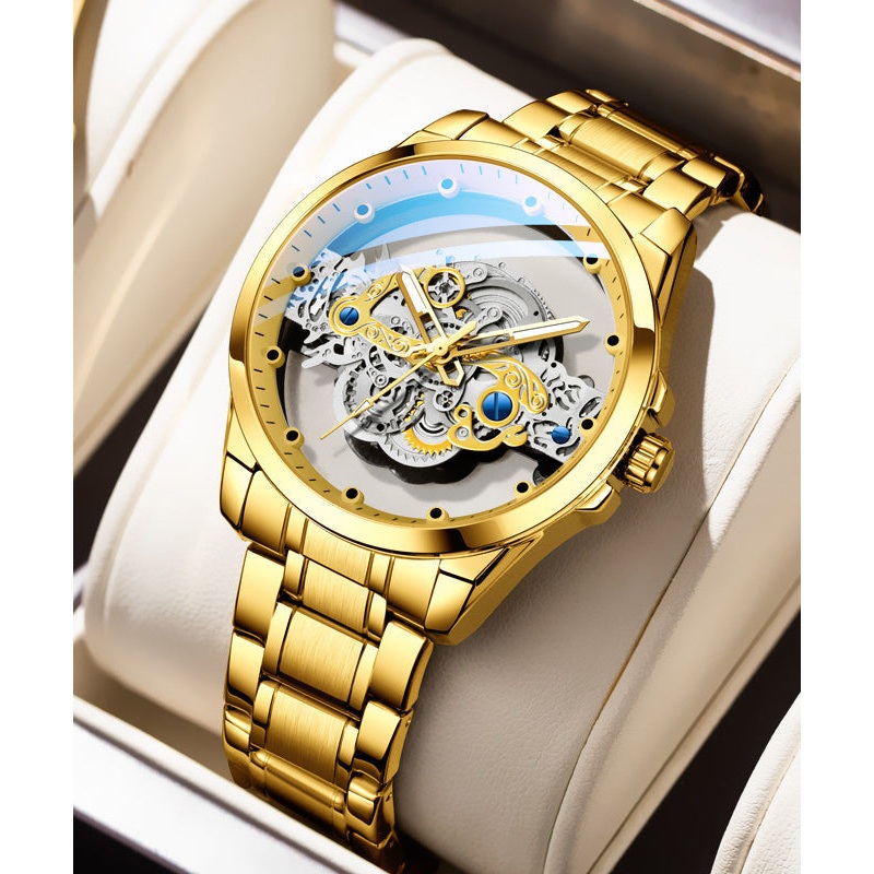 New Gold Stainless Steel Hollow Out Fully Automatic Mechanical Waterproof Watch
