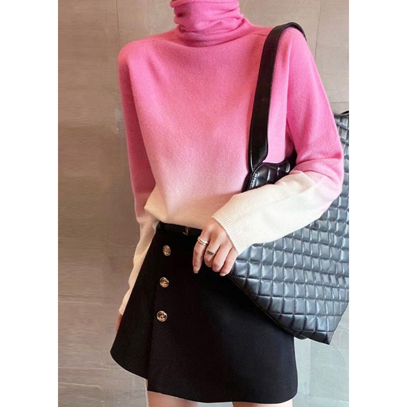 New Pink Gradient Color Turtleneck Patchwork Cotton Knit Top Fall