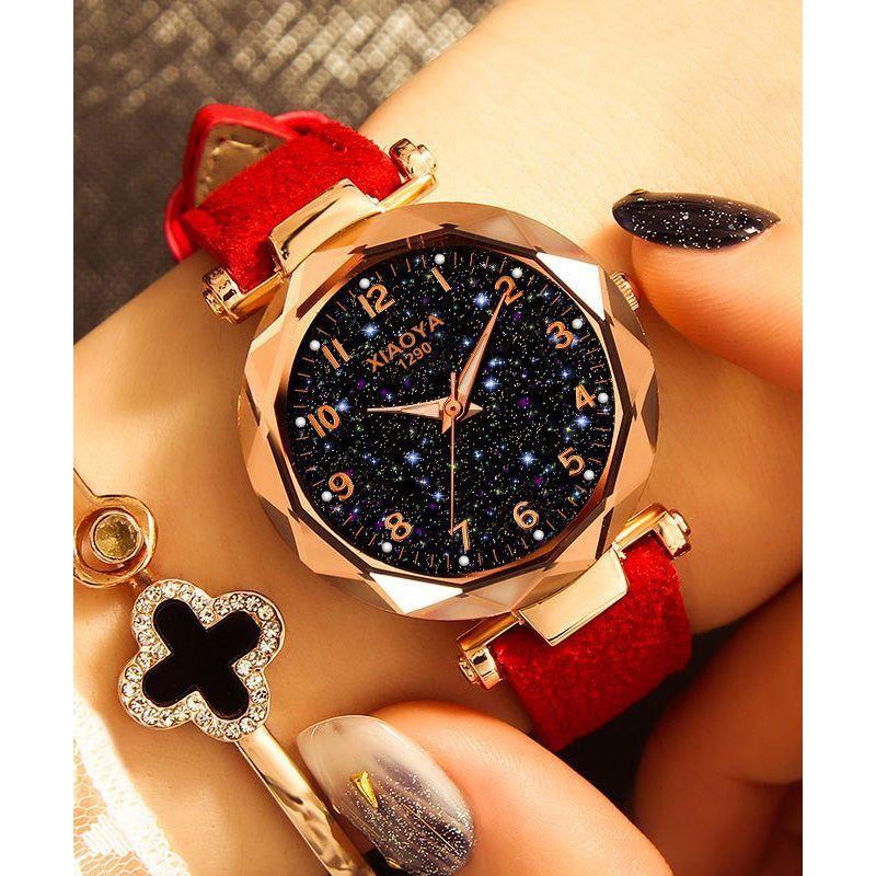 New Red Genuine Leather Starry Sky Waterproof Watch