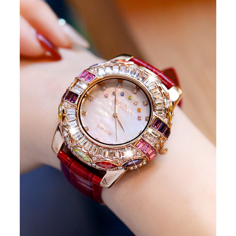 Novelty Red Genuine Leather Zircon Waterproof Watch