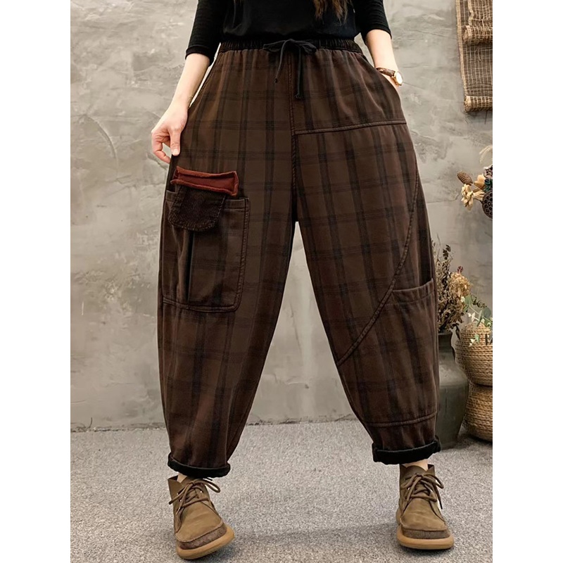 Plus Size Women Vintage Plaid Pocket Fleece-Lined Pants