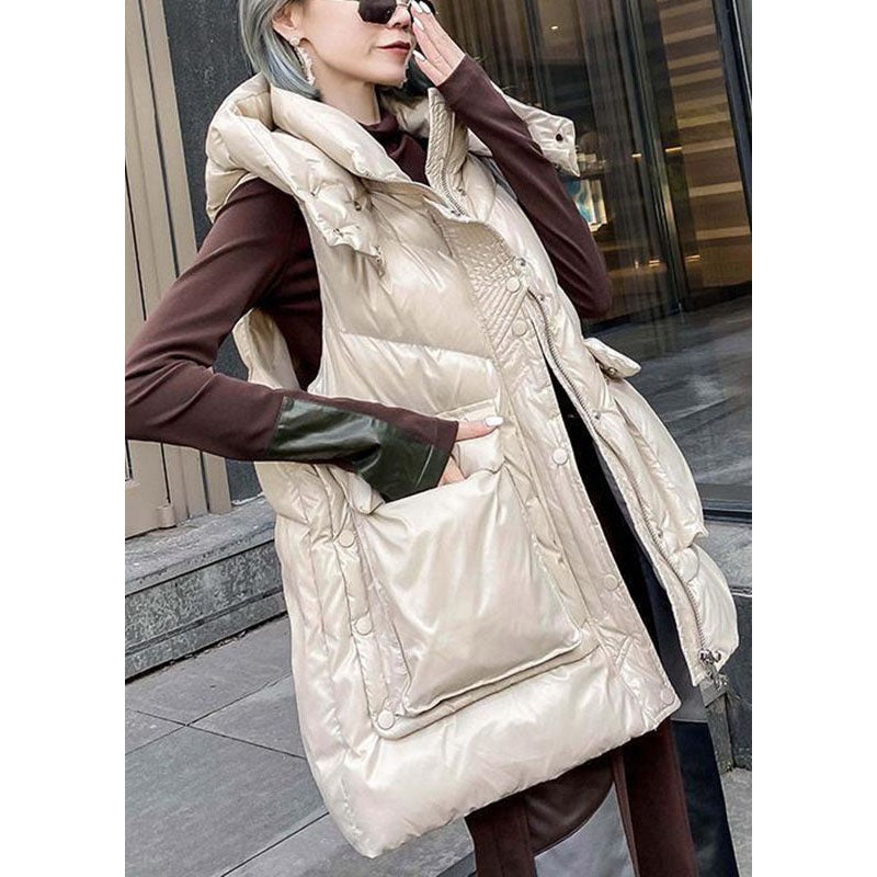 Simple Apricot hooded Pockets Casual Winter Sleeveless down vest
