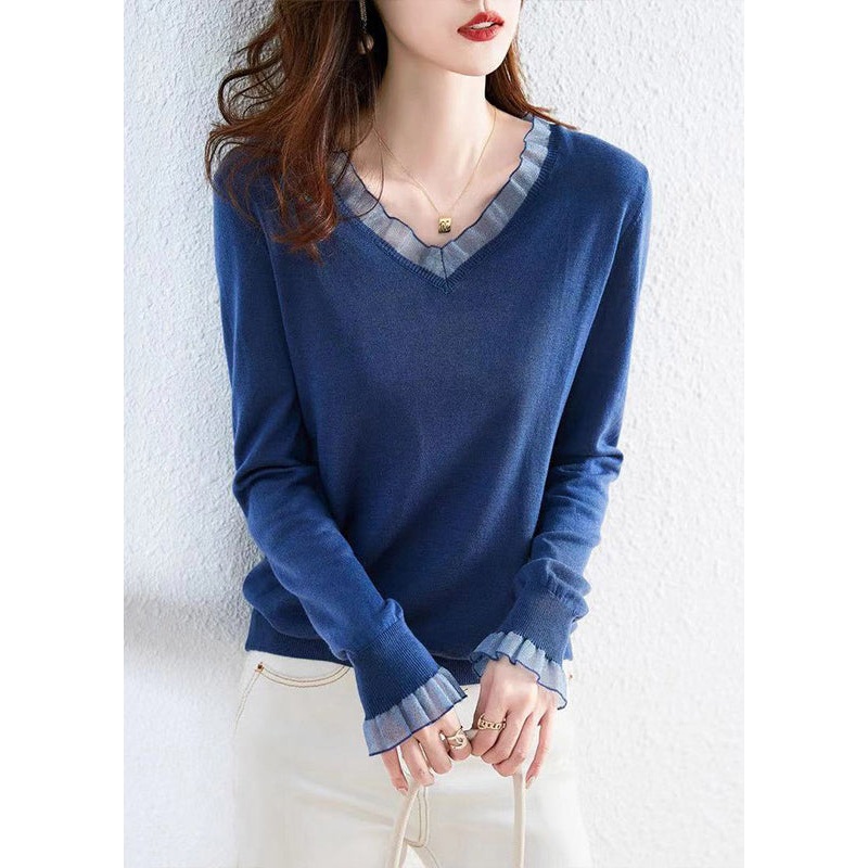 Simple Blue V Neck Patchwork Cozy Cotton Top Long Sleeve