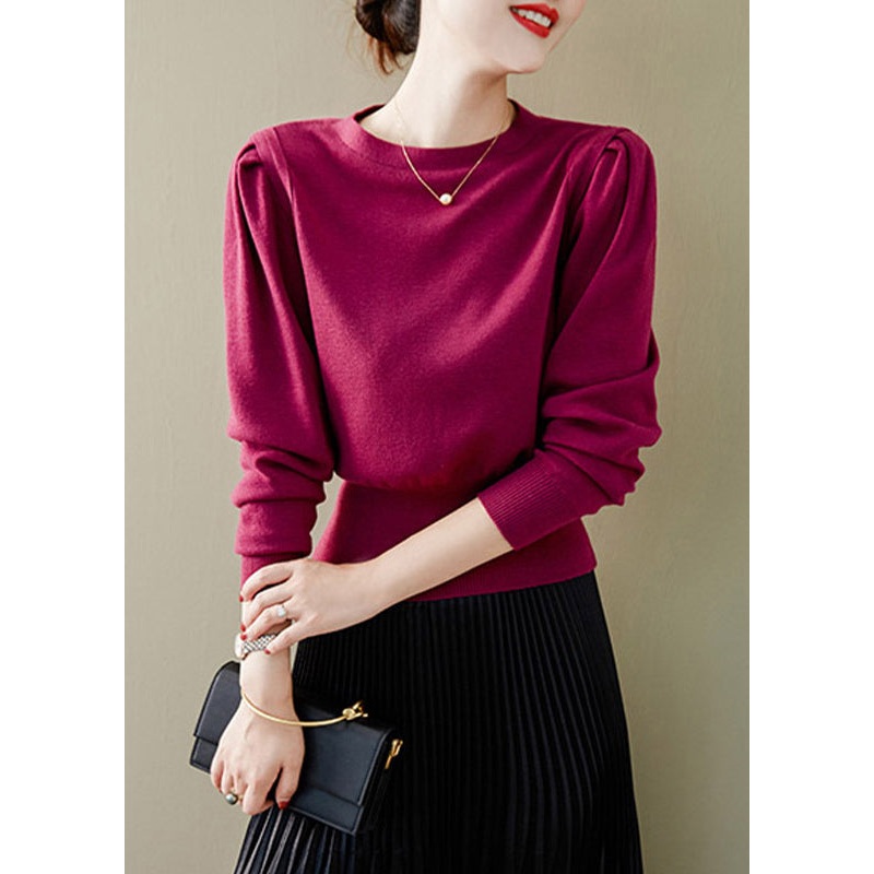 Simple Purple O Neck Patchwork Cozy Cotton Knit Top Fall