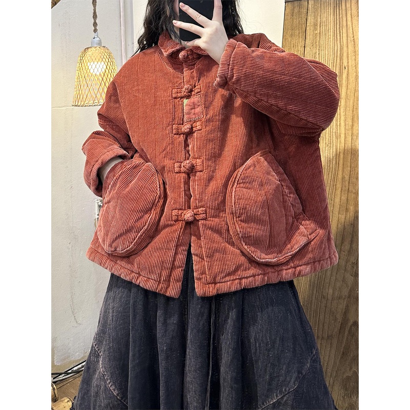 Solid Color Corduroy Buckle Vintage Cotton Coat