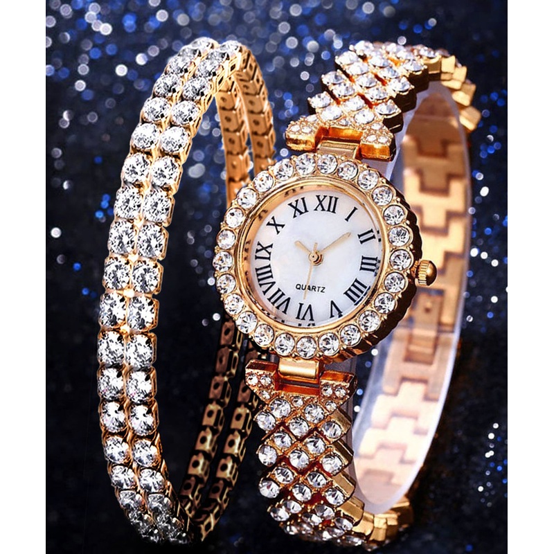 Style Rose Gold Stainless Steel Zircon Starry Sky Watch And Bracelet Two Piece Set