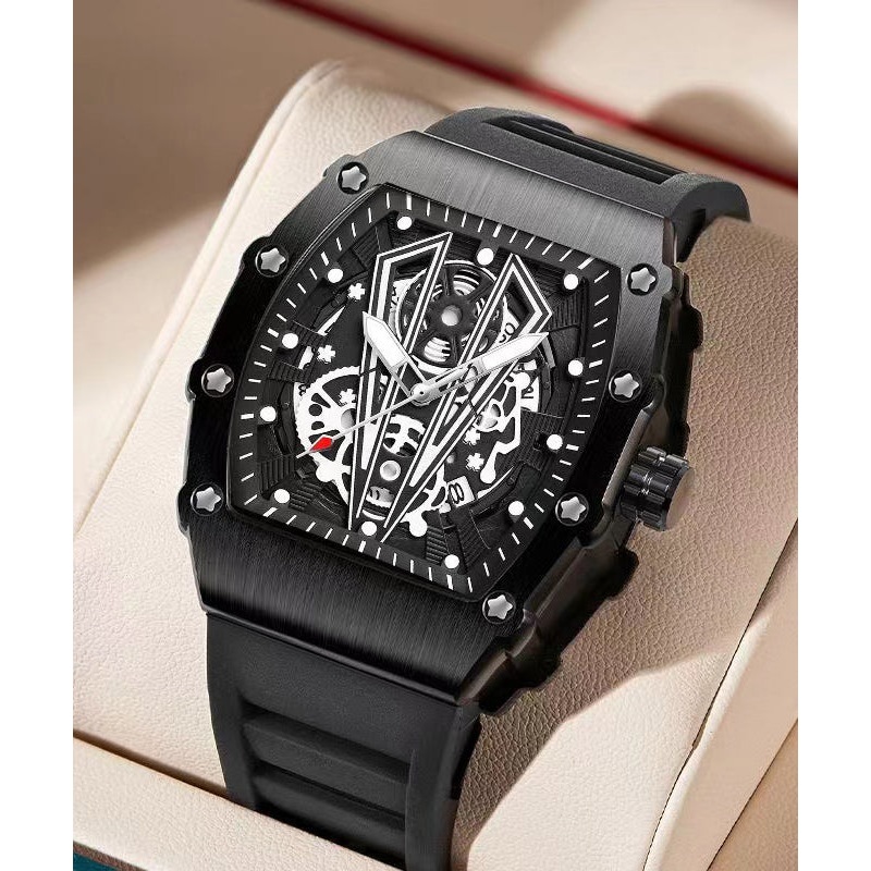 Stylish Black Alloy Hollow Out Fully Automatic Mechanical Waterproof Watch