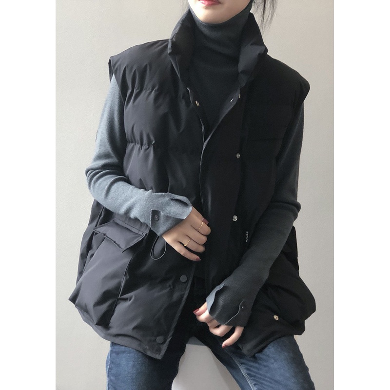 Stylish Black Stand Collar Pockets Regular Winter down vest