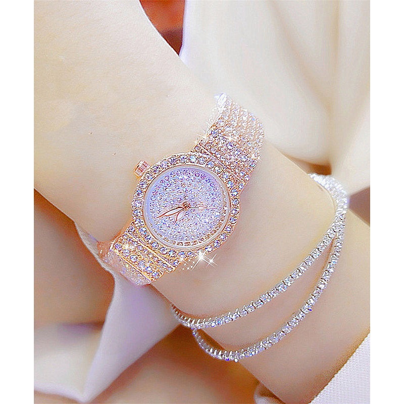 Stylish Rose Stainless Steel Zircon Tempered Glass Waterproof Watch
