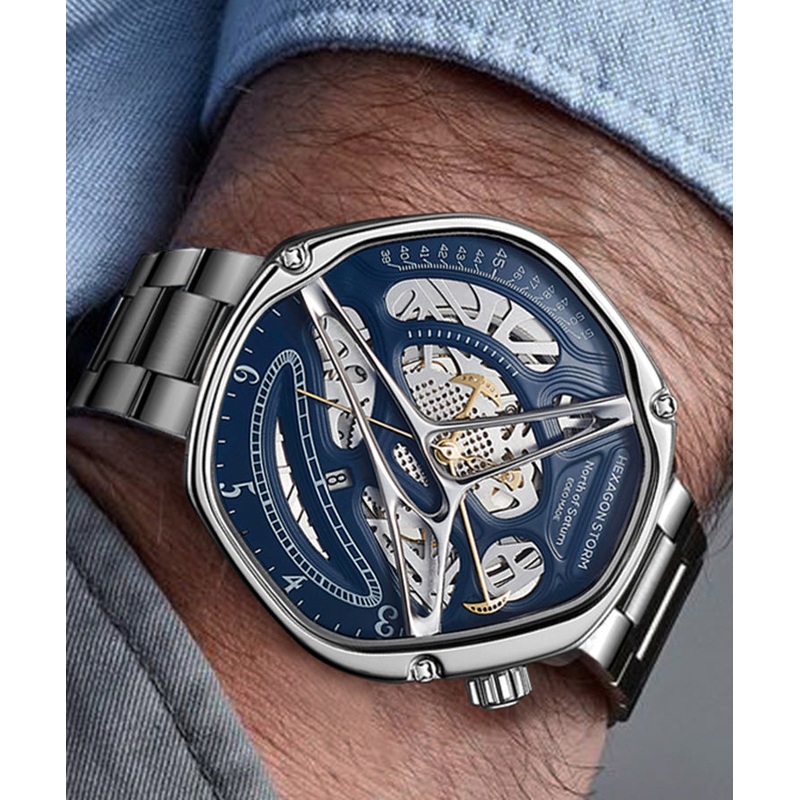 Unique Blue Stainless Steel Fully Automatic Mechanical Hollow Out Watch