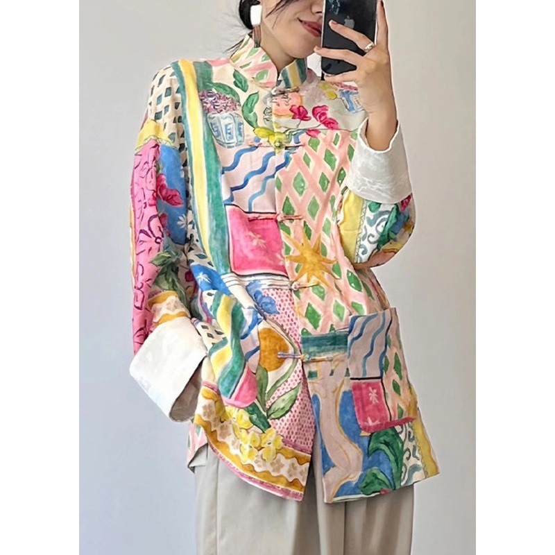 Unique Colorblock Print Pockets Patchwork Cotton Tops