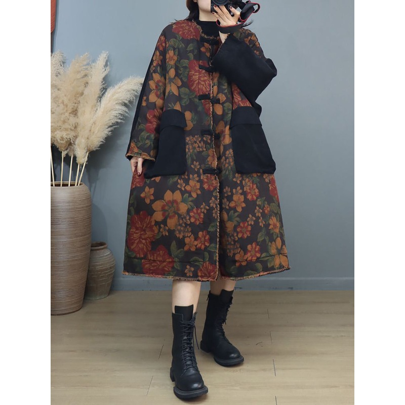 Vintage Winter Floal Spliced Hooded Padded Coat Long Sleeve