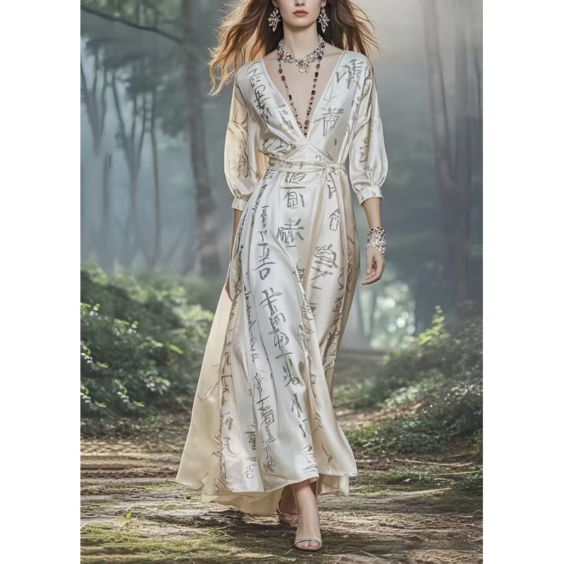 White Draping Silk Robe Dresses Cinched Exra Large Hem Bracelet Sleeve