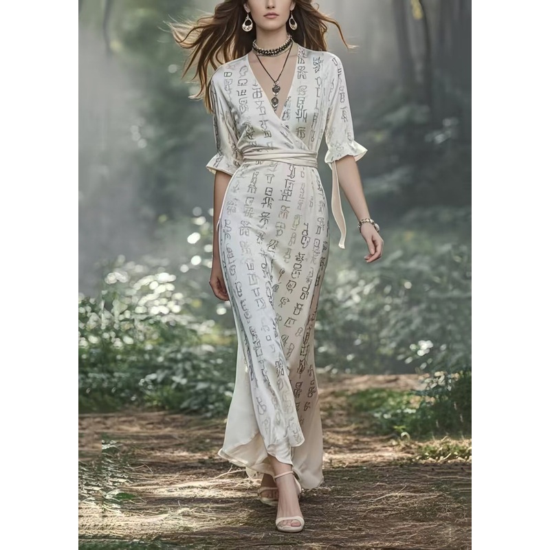White Print Draping Silk Long Dresses Cinched Half Sleeve