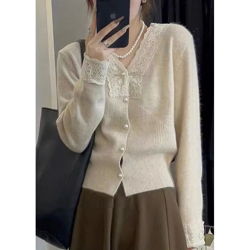 Women Apricot Button Lace Patchwork Cotton Knit Coats Fall