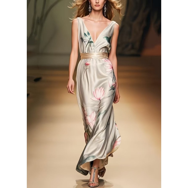 Women Apricot Cinched Print Silk Party Dress Summer