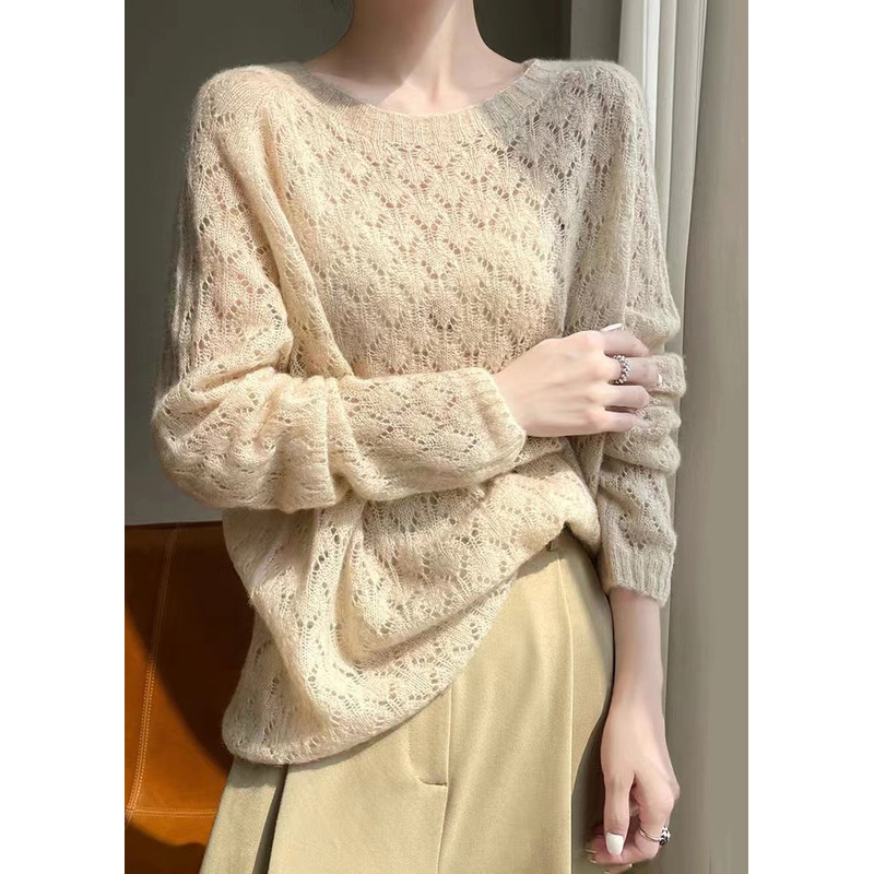 Women Apricot O Neck Hollow Out Patchwork Knit Top Fall