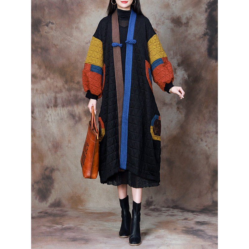 Women Artsy Colorblock V-neck Long Coat