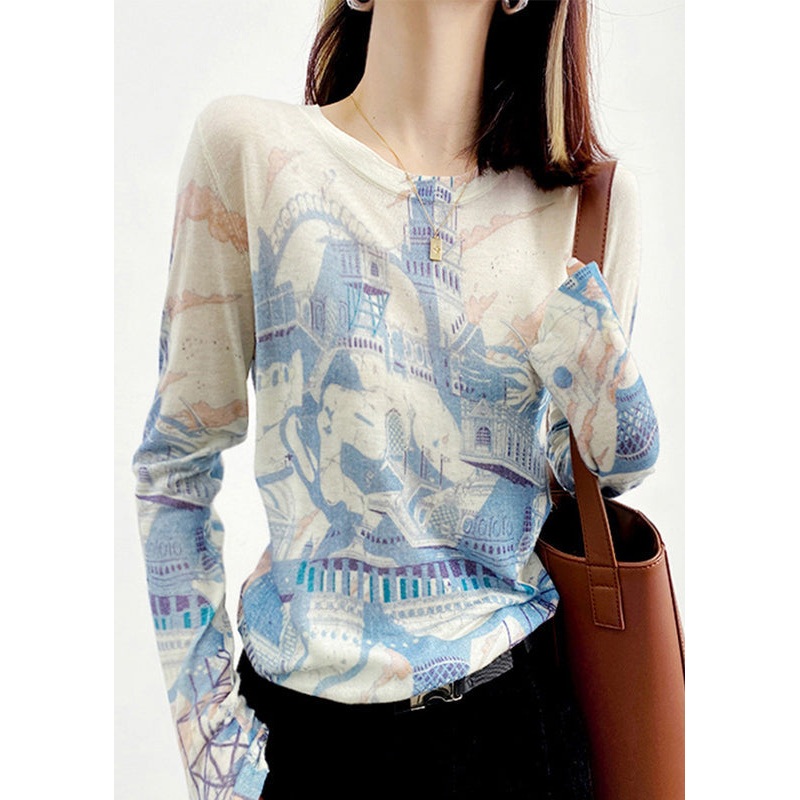 Women Blue O Neck Print Patchwork Knitting Cotton Top Long Sleeve