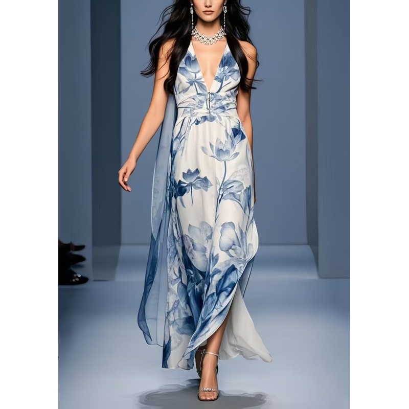 Women Blue Print Side Open Chiffon Sundresses Sleeveless