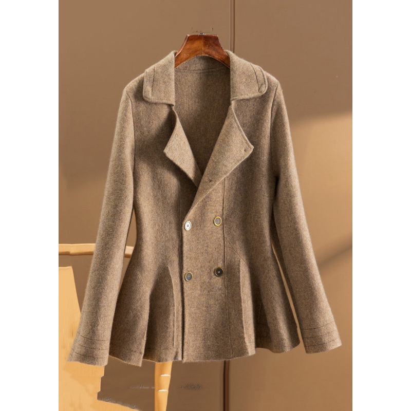 Women Camel Peter Pan Collar Button Patchwork Woolen Coat Fall