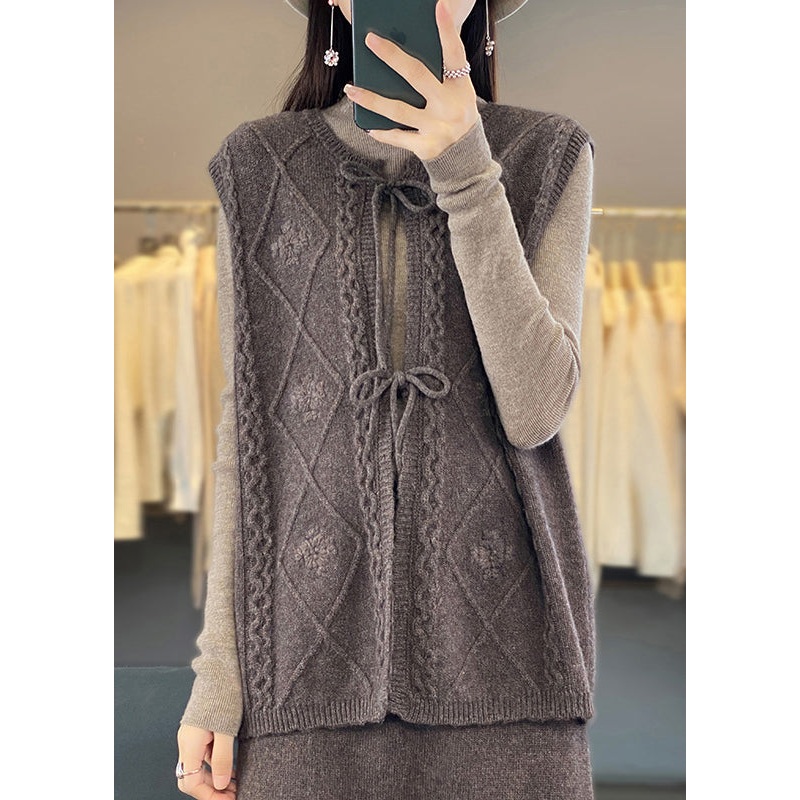 Women Coffee O Neck Lace Up Woolen Knit Waistcoat Sleeveless