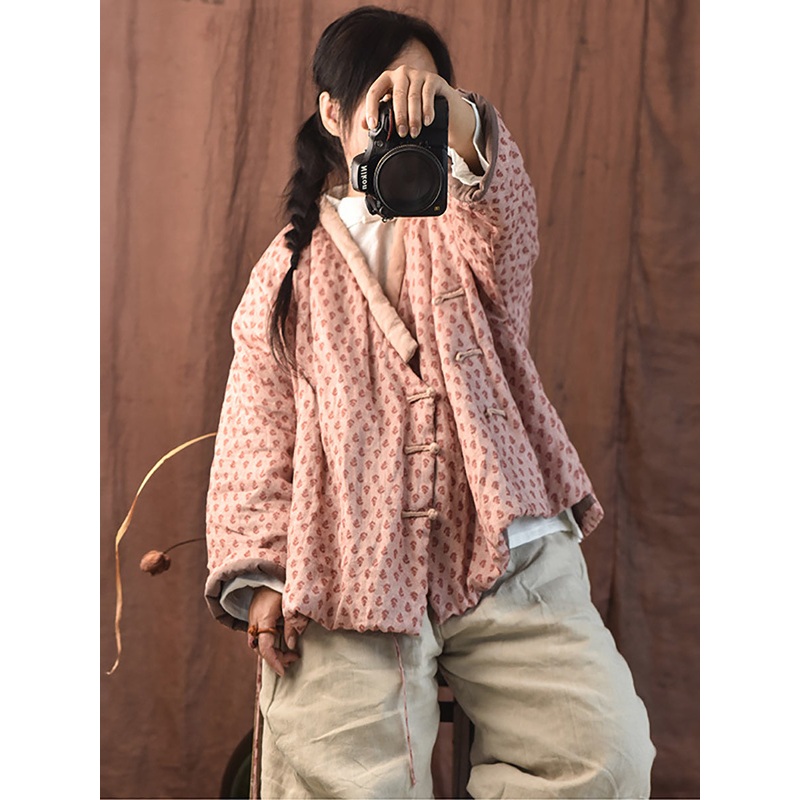 Women Cute Ethnic Flower Pink Linen Padded Coat