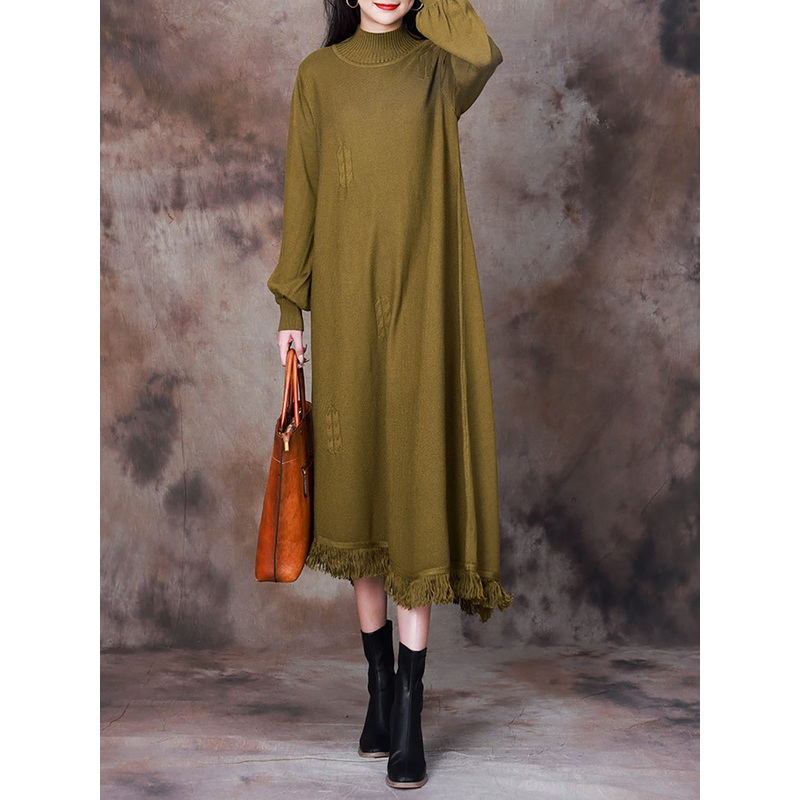 Women Elegant Solid Tassel Hem Knitted Long Dress