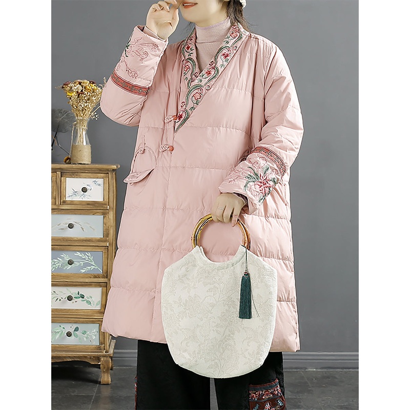 Women Ethnic Embroidery V-neck Down Coat