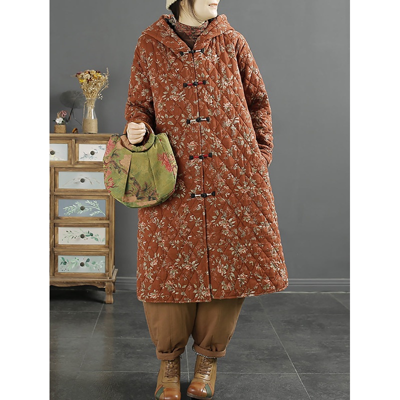 Women Ethnic Winter Floral Hooded Long Padded Coat